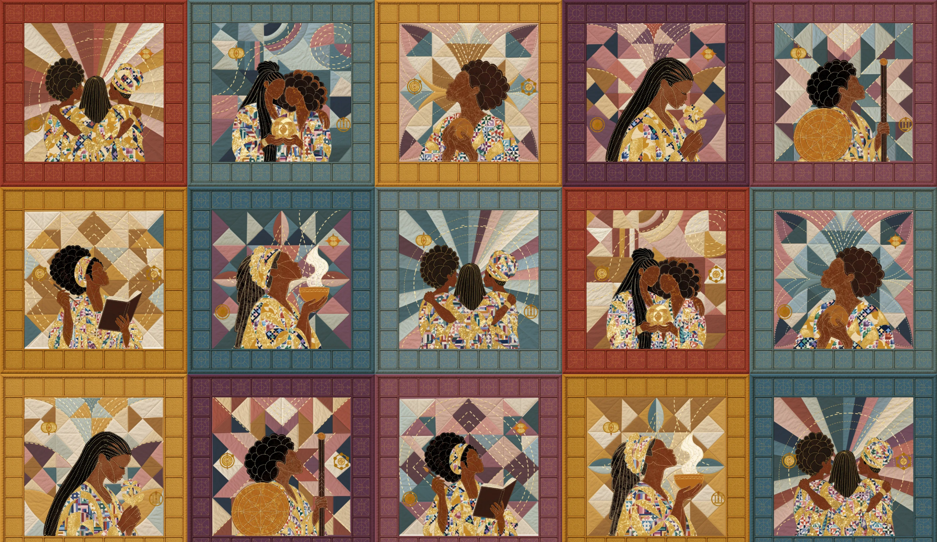 Gallery detail showing a grid of digital quilt squares in varied colors and patterns